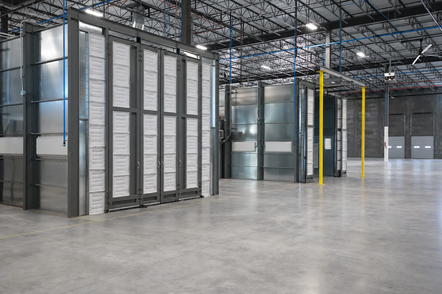 Industrial paint booth and finishing equipment inside a manufacturing facility.